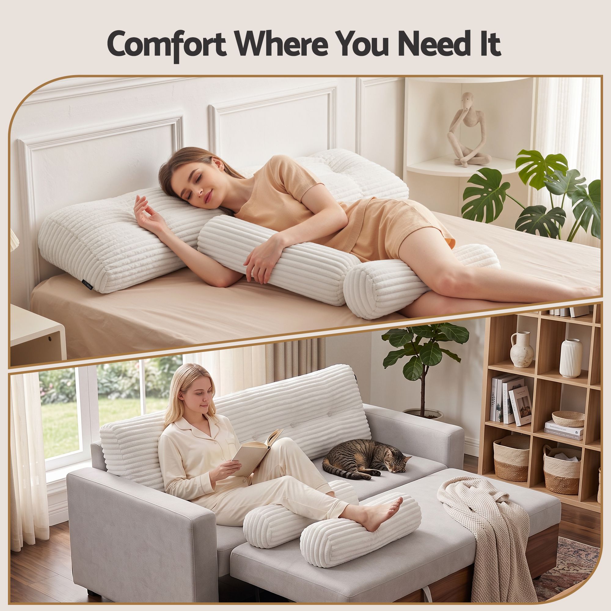 wedge pillow headboard with non-flattening shredded foam core, perfect for dorm reading or sofa lap desk, 330g corduroy cover, side pockets, Queen