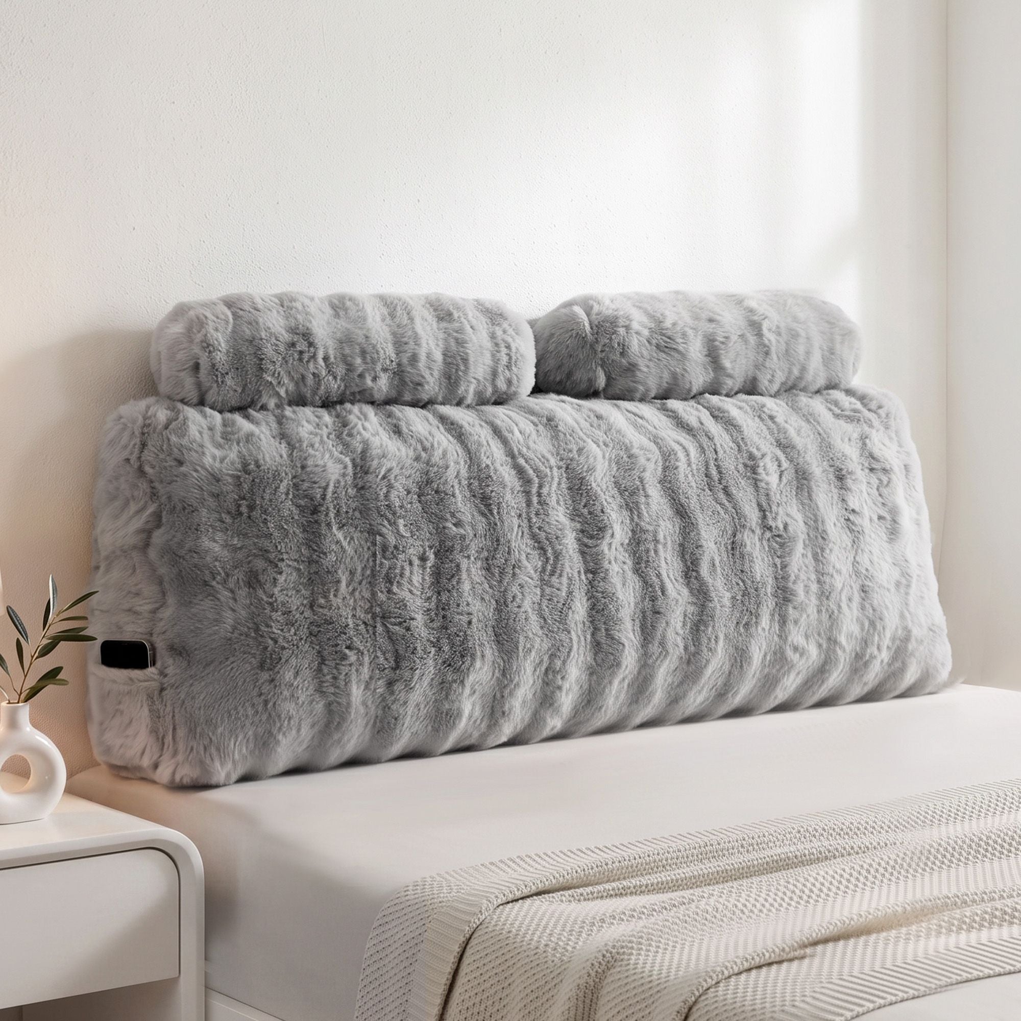 Wedge Pillow Headboard, Easy Wash Zipper Cover & Anti-Flat Foam, Couch Lumbar Support for Dorm Readers, 340g Faux Rabbit Fur with Dual Pockets, Double