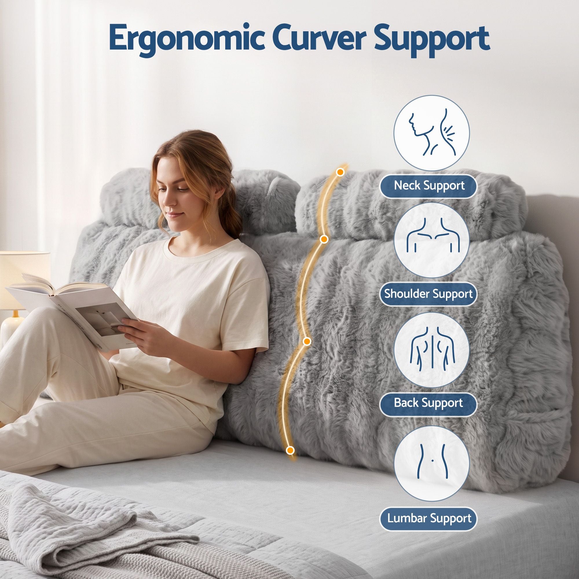 Wedge Pillow Headboard, Easy Wash Zipper Cover & Anti-Flat Foam, Couch Lumbar Support for Dorm Readers, 340g Faux Rabbit Fur with Dual Pockets, Double