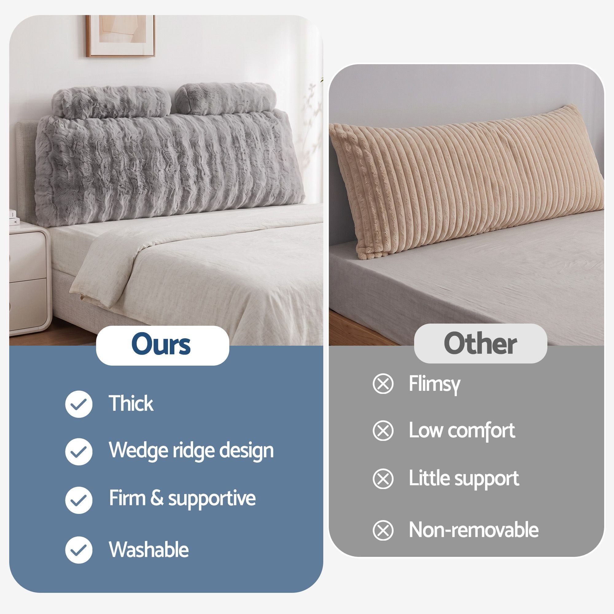 Wedge Pillow Headboard, Easy Wash Zipper Cover & Anti-Flat Foam, Couch Lumbar Support for Dorm Readers, 340g Faux Rabbit Fur with Dual Pockets, Double