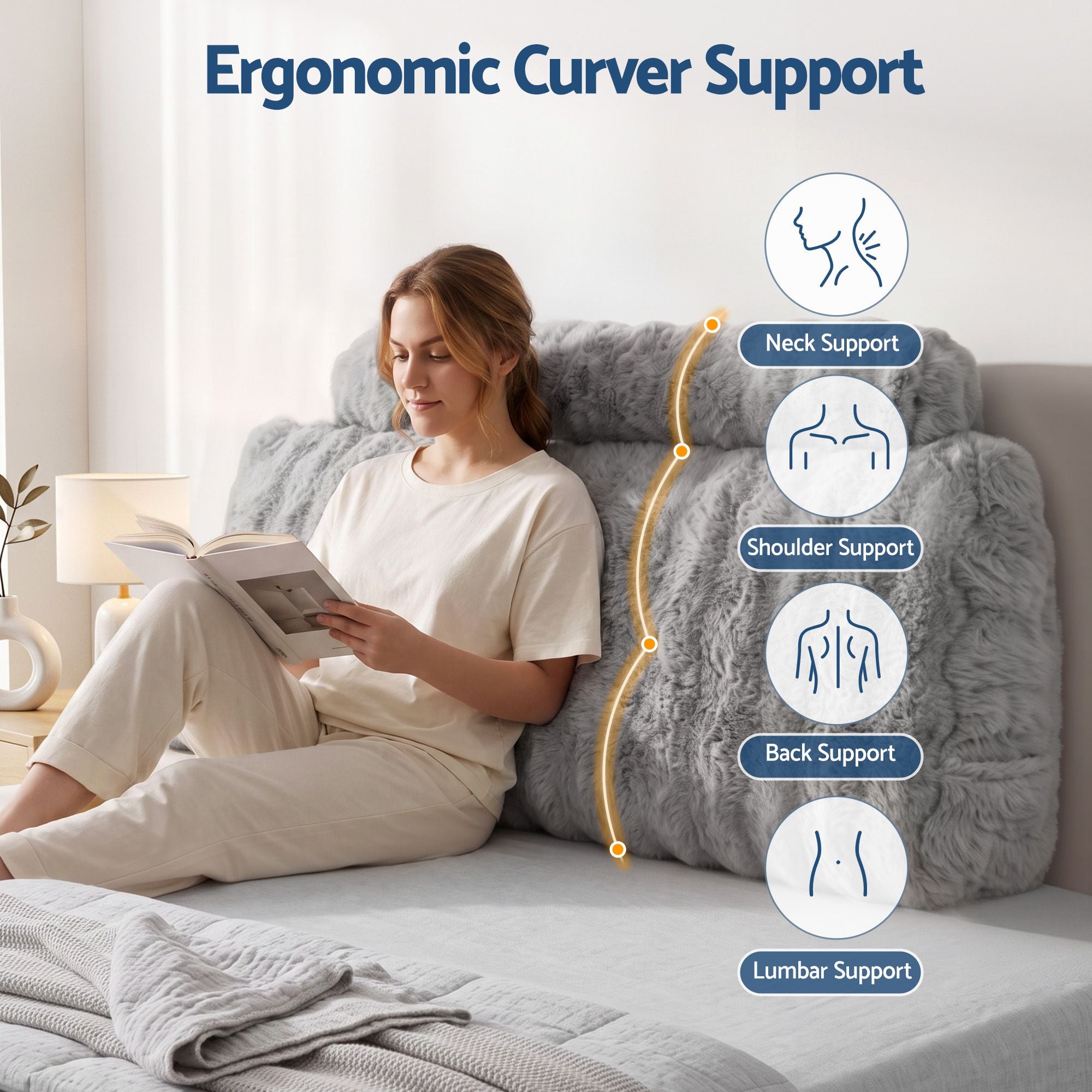 Wedge Pillow Headboard, Easy Wash Zipper Cover & Anti-Flat Foam, Couch Lumbar Support for Dorm Readers, 340g Faux Rabbit Fur with Dual Pockets, King Single