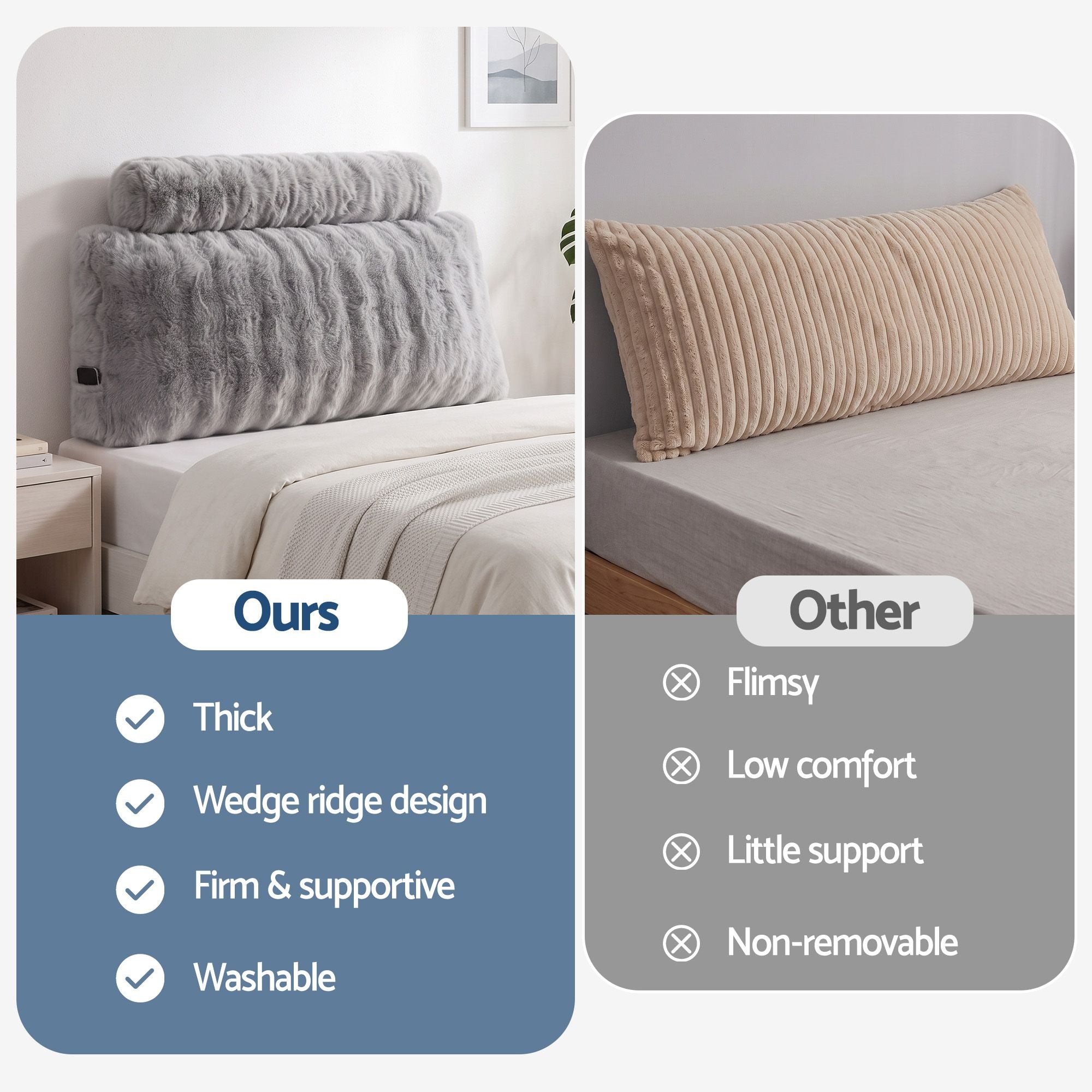 Wedge Pillow Headboard, Easy Wash Zipper Cover & Anti-Flat Foam, Couch Lumbar Support for Dorm Readers, 340g Faux Rabbit Fur with Dual Pockets, King Single