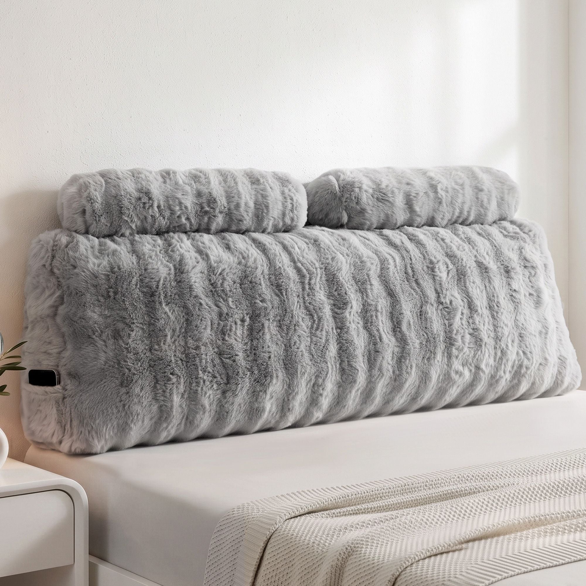 Wedge Pillow Headboard, Easy Wash Zipper Cover & Anti-Flat Foam, Couch Lumbar Support for Dorm Readers, 340g Faux Rabbit Fur with Dual Pockets, Queen