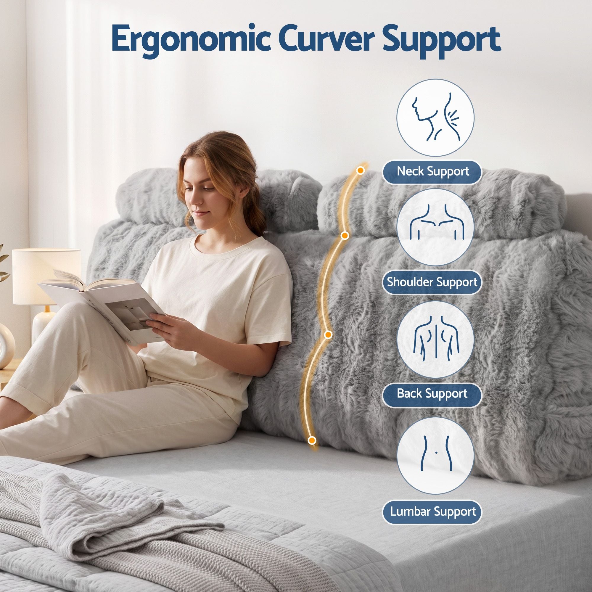 Wedge Pillow Headboard, Easy Wash Zipper Cover & Anti-Flat Foam, Couch Lumbar Support for Dorm Readers, 340g Faux Rabbit Fur with Dual Pockets, Queen