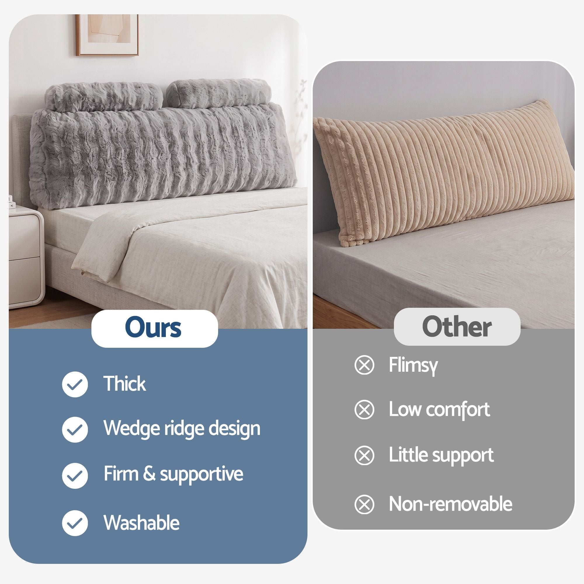 Wedge Pillow Headboard, Easy Wash Zipper Cover & Anti-Flat Foam, Couch Lumbar Support for Dorm Readers, 340g Faux Rabbit Fur with Dual Pockets, Queen