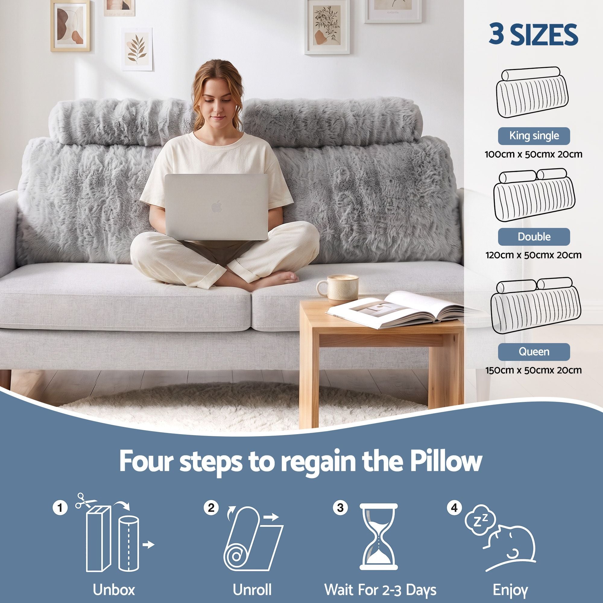 Wedge Pillow Headboard, Easy Wash Zipper Cover & Anti-Flat Foam, Couch Lumbar Support for Dorm Readers, 340g Faux Rabbit Fur with Dual Pockets, Queen