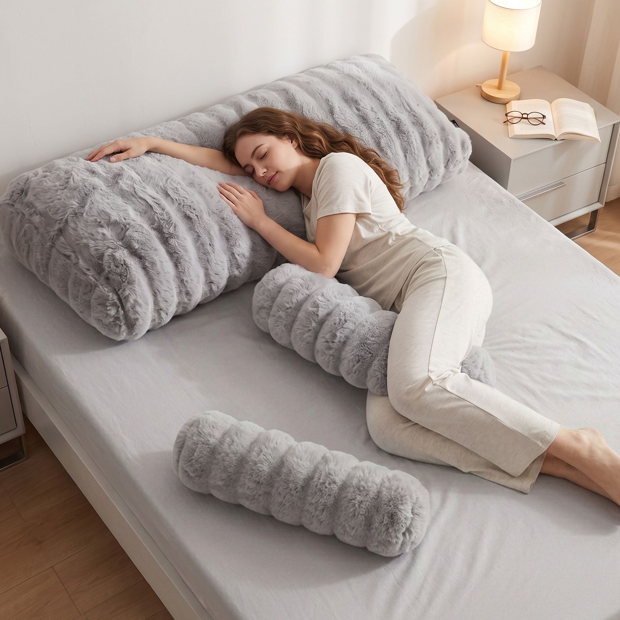 Wedge Pillow Headboard, Easy Wash Zipper Cover & Anti-Flat Foam, Couch Lumbar Support for Dorm Readers, 340g Faux Rabbit Fur with Dual Pockets, Queen