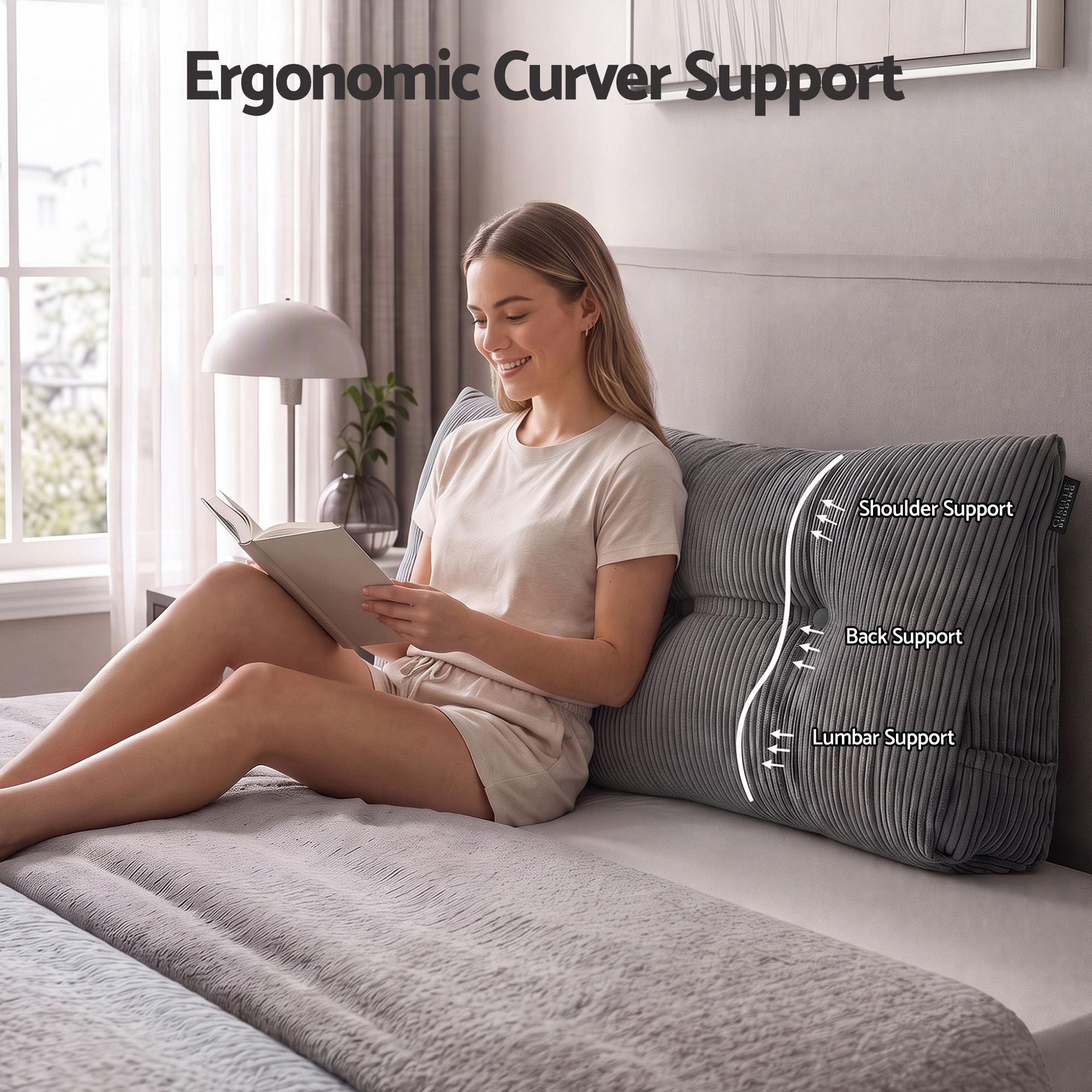 Headboard Pillow for Sitting in Bed, Upgraded Shredded Foam Reading Wedge Cushion for Lumbar Support, 320g Corduroy Backrest with Side Pockets for Dorm Daybed, Double