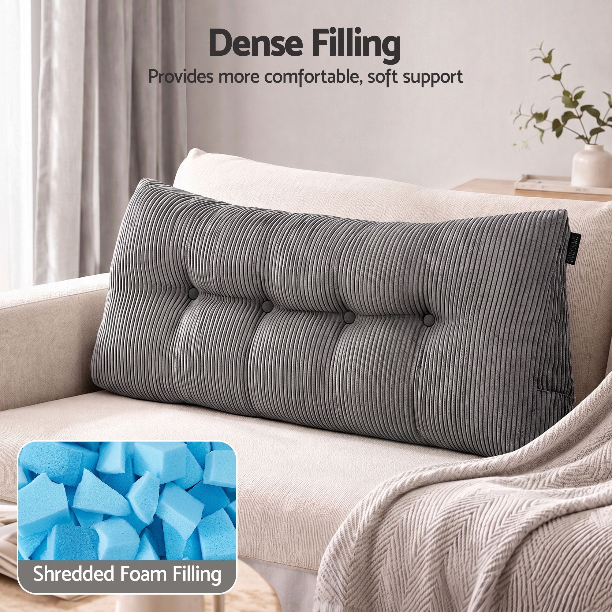 Headboard Pillow for Sitting in Bed, Upgraded Shredded Foam Reading Wedge Cushion for Lumbar Support, 320g Corduroy Backrest with Side Pockets for Dorm Daybed, Double