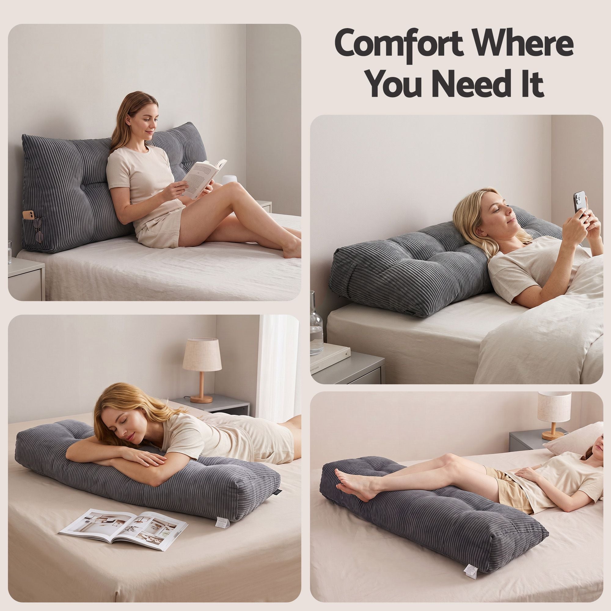 Headboard Pillow for Sitting in Bed, Upgraded Shredded Foam Reading Wedge Cushion for Lumbar Support, 320g Corduroy Backrest with Side Pockets for Dorm Daybed, Double