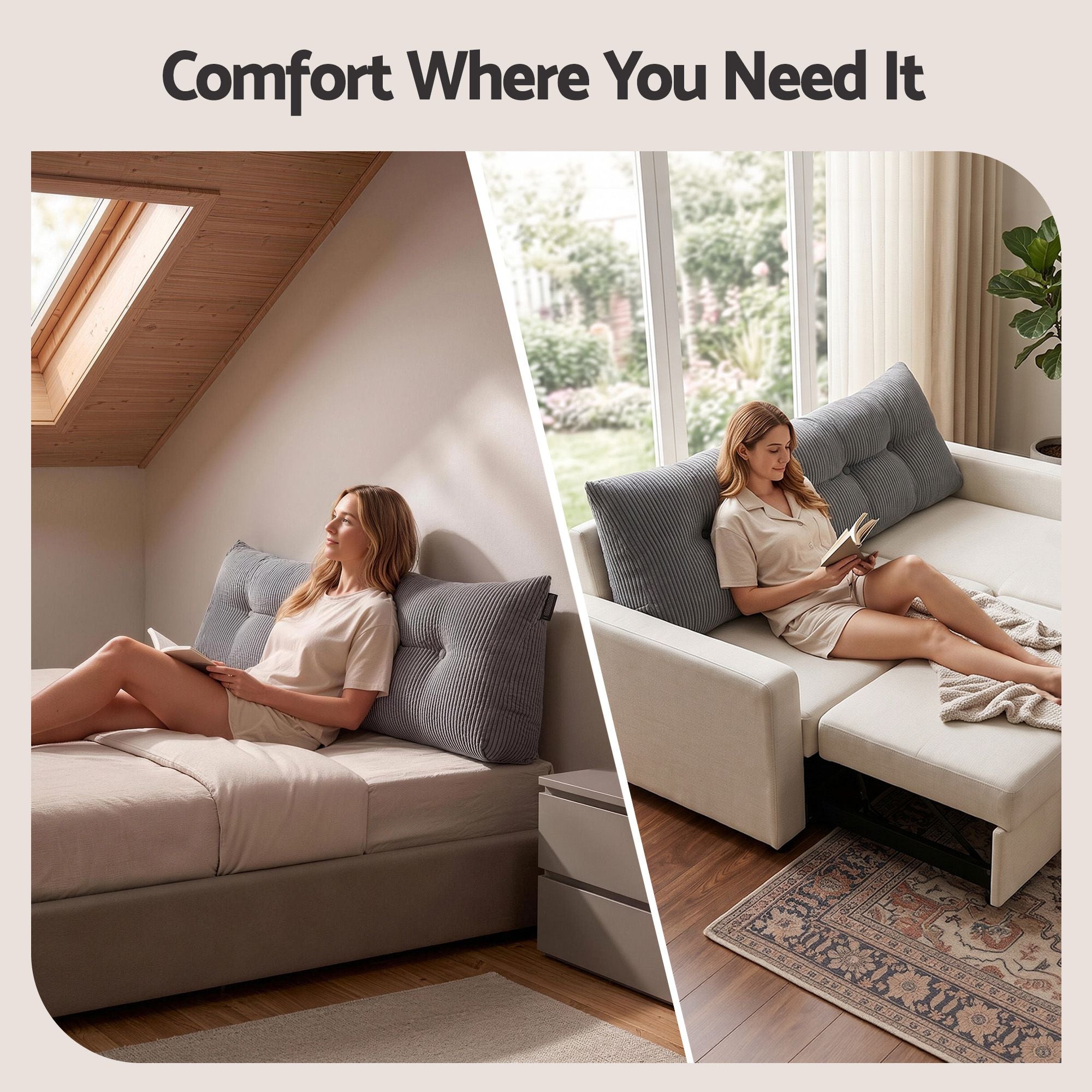 Headboard Pillow for Sitting in Bed, Upgraded Shredded Foam Reading Wedge Cushion for Lumbar Support, 320g Corduroy Backrest with Side Pockets for Dorm Daybed, Double