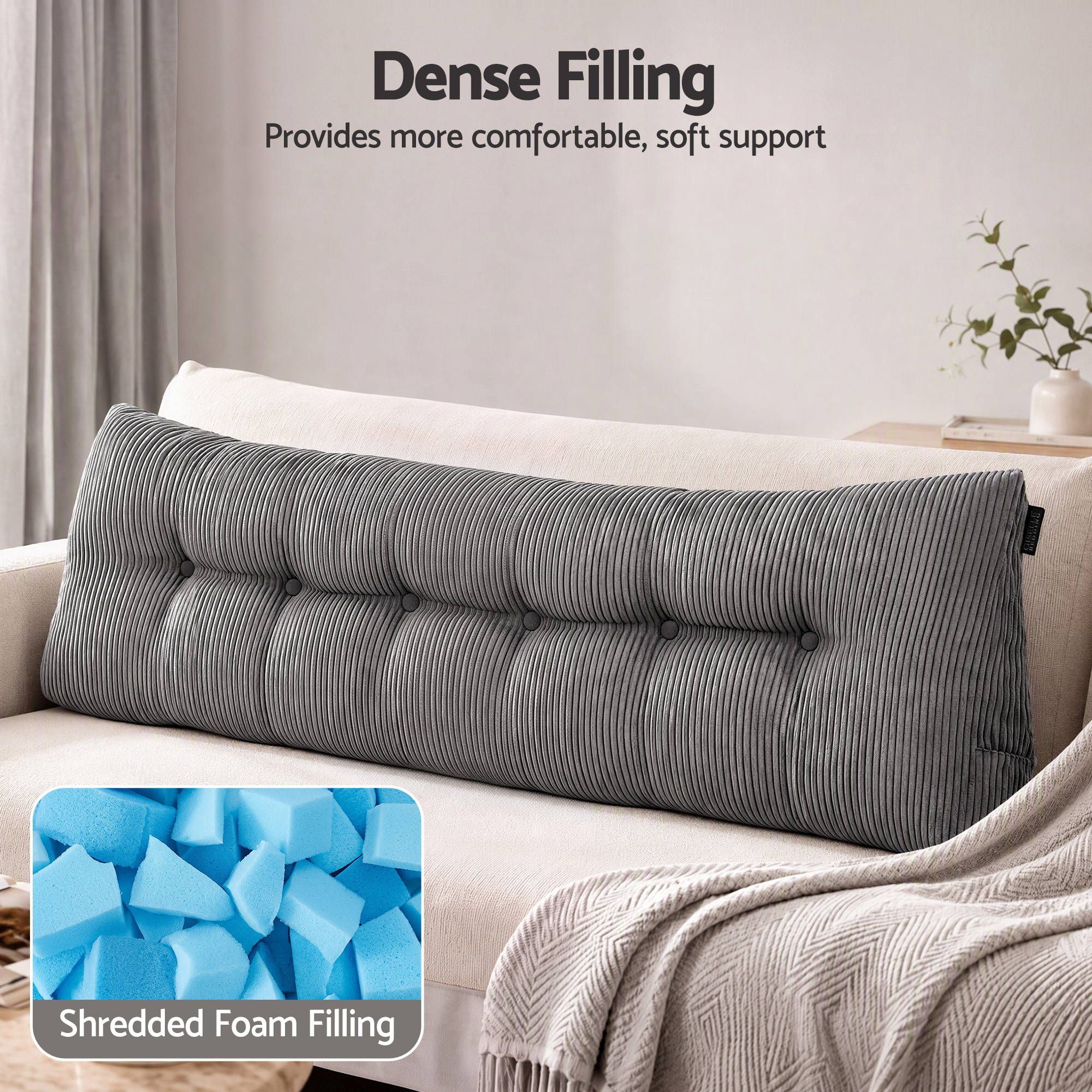 Headboard Pillow for Sitting in Bed, Upgraded Shredded Foam Reading Wedge Cushion for Lumbar Support, 320g Corduroy Backrest with Side Pockets for Dorm Daybed, King