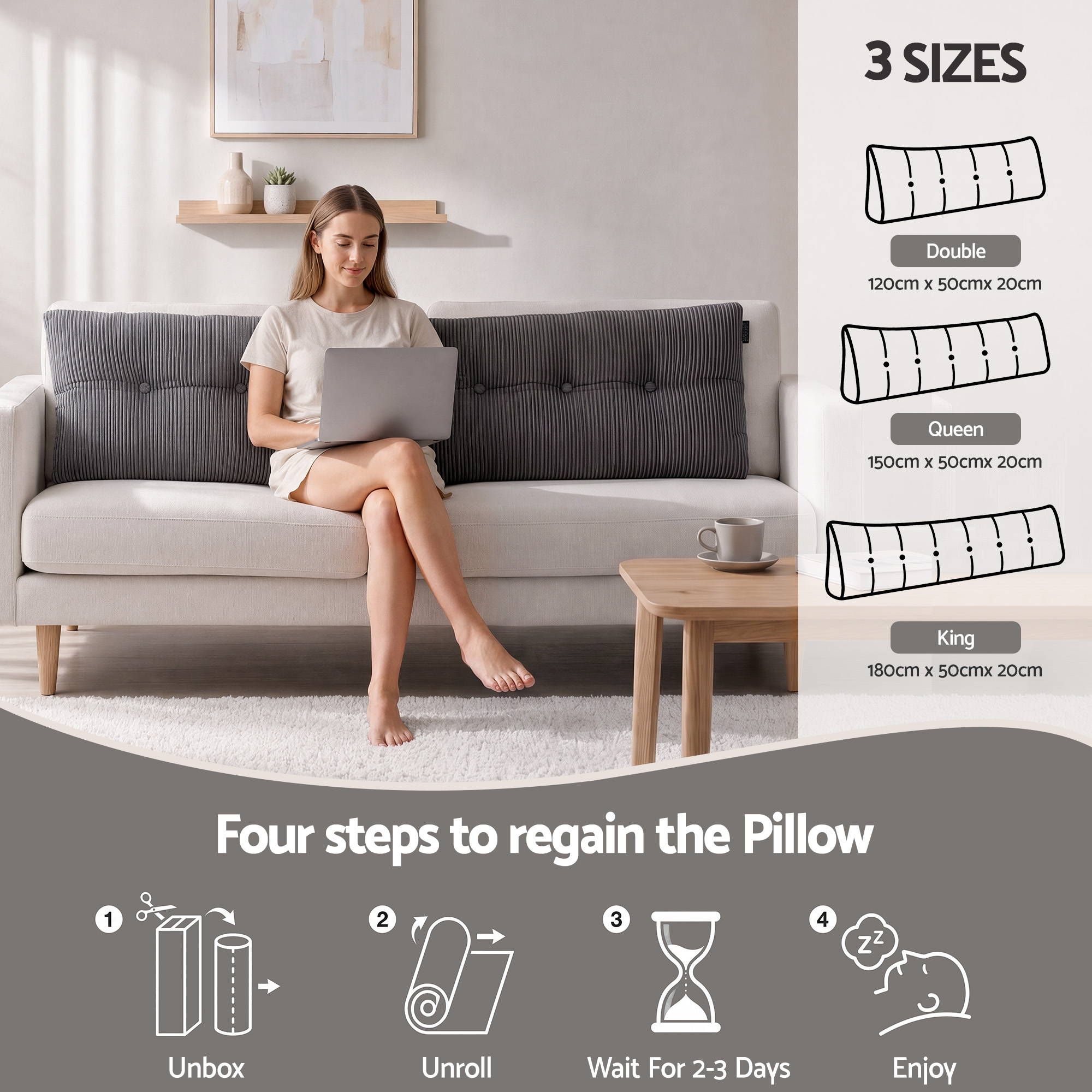 Headboard Pillow for Sitting in Bed, Upgraded Shredded Foam Reading Wedge Cushion for Lumbar Support, 320g Corduroy Backrest with Side Pockets for Dorm Daybed, King