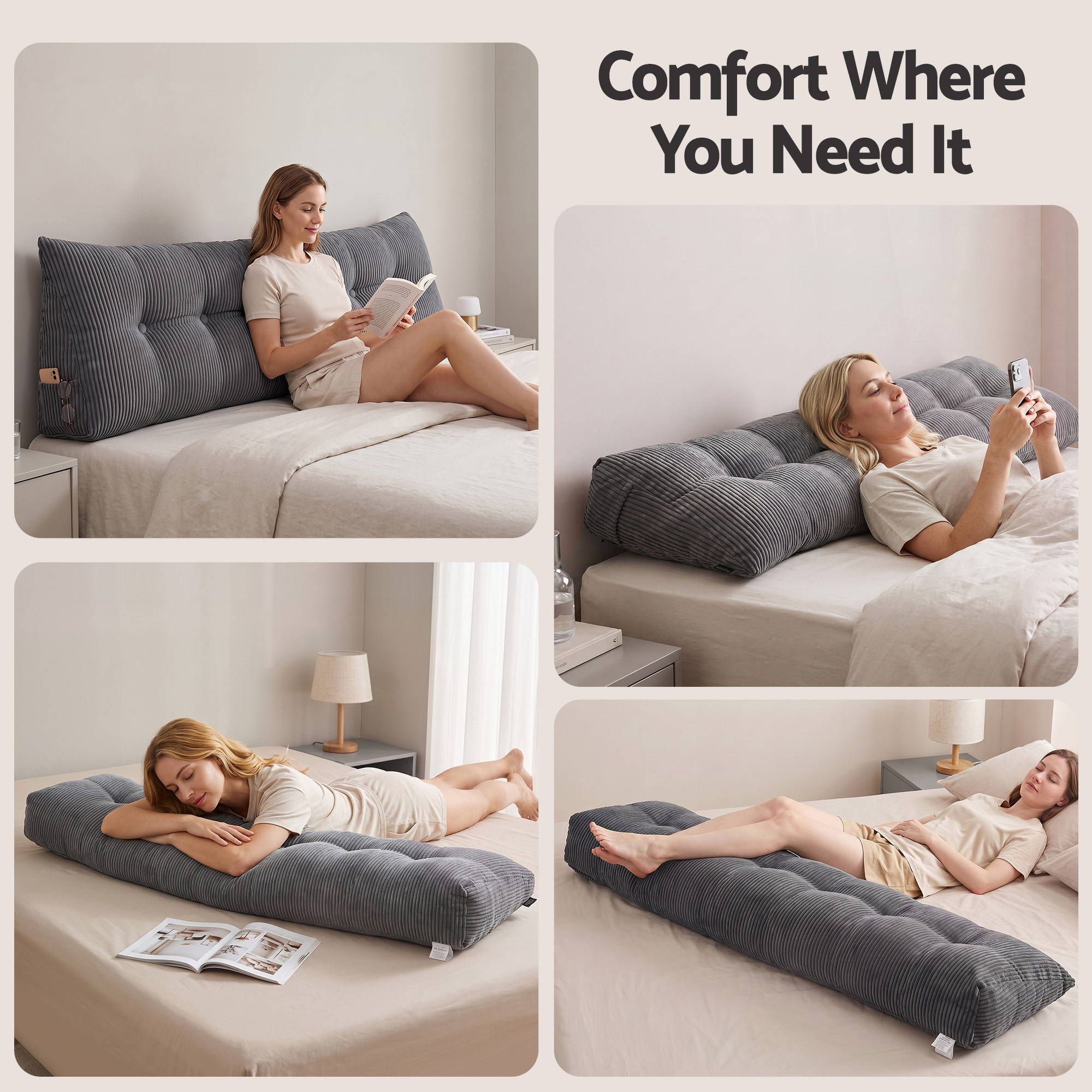 Headboard Pillow for Sitting in Bed, Upgraded Shredded Foam Reading Wedge Cushion for Lumbar Support, 320g Corduroy Backrest with Side Pockets for Dorm Daybed, King