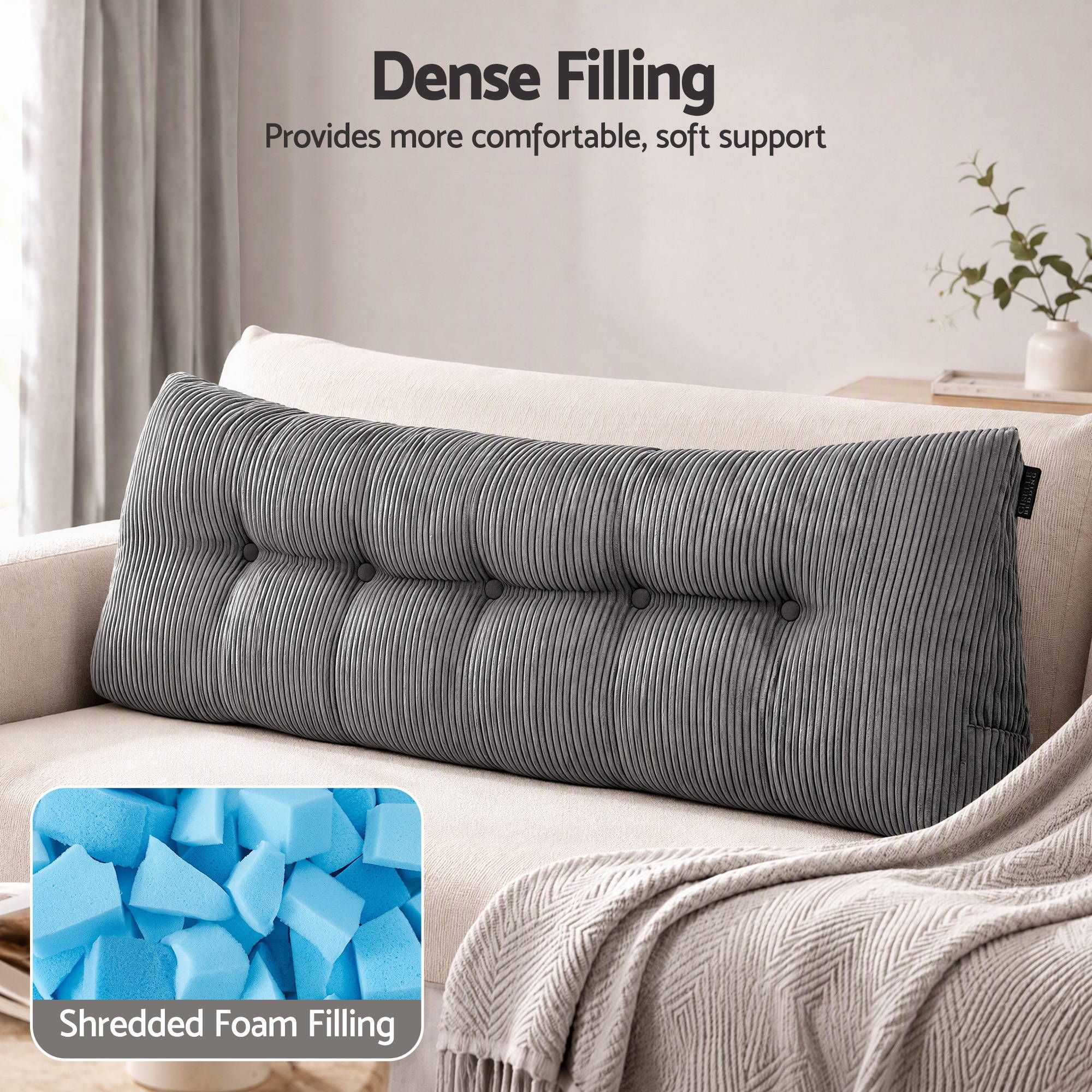 Headboard Pillow for Sitting in Bed, Upgraded Shredded Foam Reading Wedge Cushion for Lumbar Support, 320g Corduroy Backrest with Side Pockets for Dorm Daybed, Queen