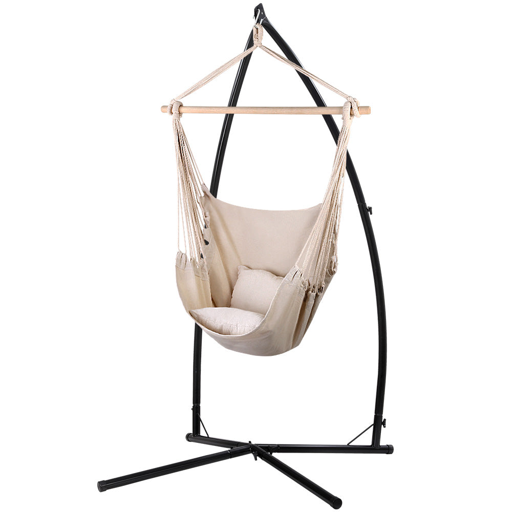 Outdoor Hammock Chair with Steel Stand Hanging Hammock with Pillow Cream on black metal frame stand