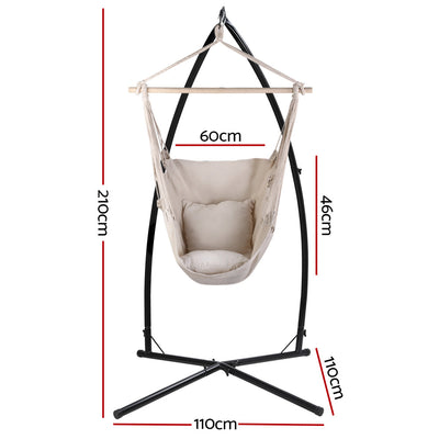 Outdoor Hammock Chair with Steel Stand Hanging Hammock with Pillow Cream, includes dimensions on white background
