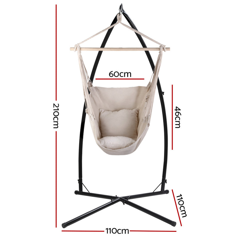 Outdoor Hammock Chair with Steel Stand Hanging Hammock with Pillow Cream, includes dimensions on white background