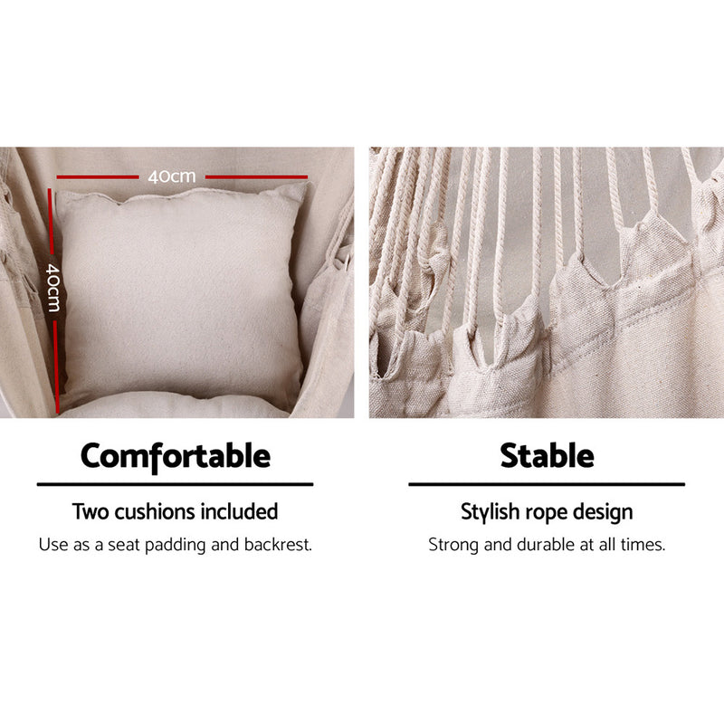 Close-up views of cream cushions and sturdy rope detail on Outdoor Hammock Chair with Steel Stand Hanging Hammock with Pillow Cream