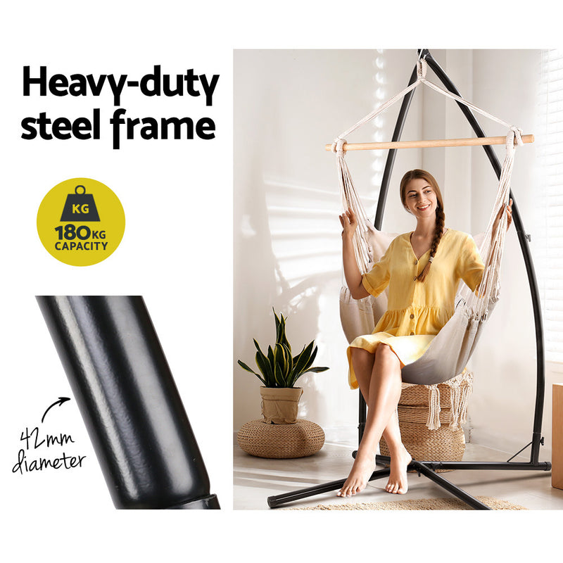 Outdoor Hammock Chair with Steel Stand Hanging Hammock with Pillow Cream shown with heavy-duty steel frame and seated woman
