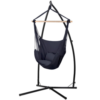 Outdoor Hammock Chair with Steel Stand Hanging Hammock with Pillow Grey in black frame, blue fabric seat, and cushion.