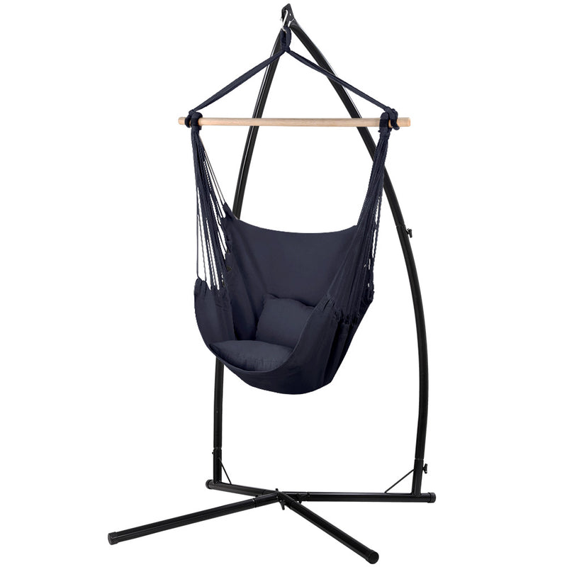 Outdoor Hammock Chair with Steel Stand Hanging Hammock with Pillow Grey in black frame, blue fabric seat, and cushion.