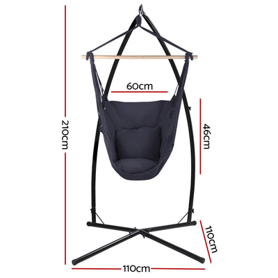 Outdoor Hammock Chair with Steel Stand Hanging Hammock with Pillow Grey, shown with dimensions on white background