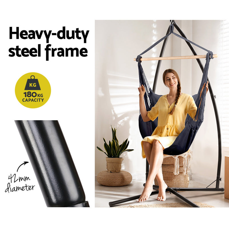 Outdoor Hammock Chair with Steel Stand Hanging Hammock with Pillow Grey shown with heavy-duty steel frame and seated woman indoors