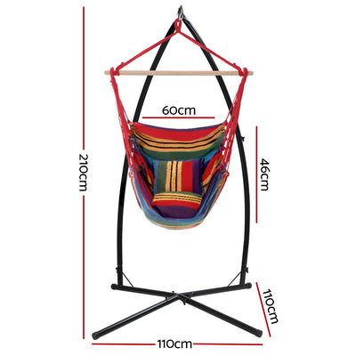 Outdoor Hammock Chair with Steel Stand Hanging Hammock Pillow Rainbow with dimensions shown against white background