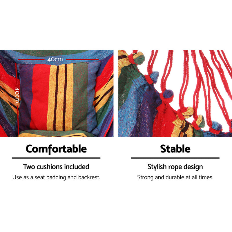Outdoor Hammock Chair with Steel Stand Hanging Hammock Pillow Rainbow showing cushion size and colorful rope details