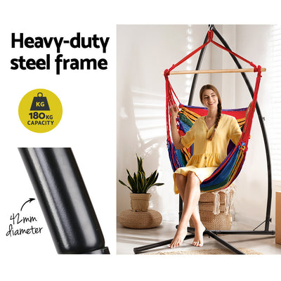 Outdoor Hammock Chair with Steel Stand Hanging Hammock Pillow Rainbow with heavy-duty steel frame and 180kg capacity shown with woman sitting