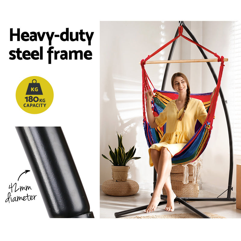 Outdoor Hammock Chair with Steel Stand Hanging Hammock Pillow Rainbow with heavy-duty steel frame and 180kg capacity shown with woman sitting