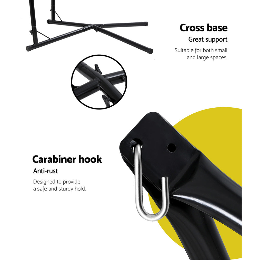Outdoor Hammock Chair with Steel Stand Hanging Hammock Pillow Rainbow showing cross base and anti-rust carabiner hook details