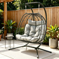 2-Seater Outdoor Swing Chair with Stand and Cushion Rattan Patio Furniture - Dark Grey