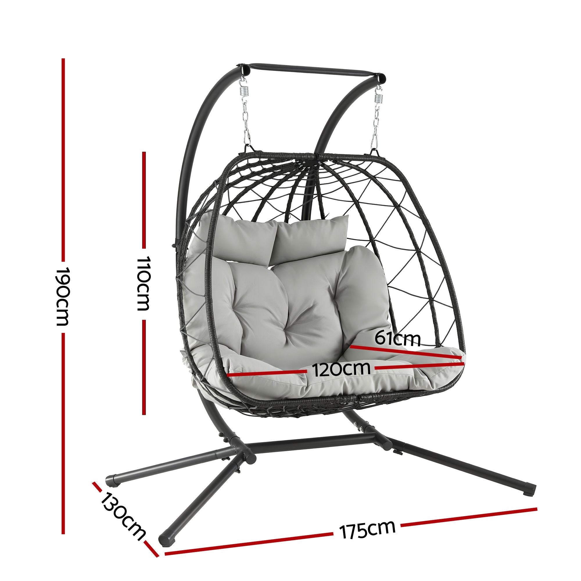 2-Seater Outdoor Swing Chair with Stand and Cushion Rattan Patio Furniture - Dark Grey