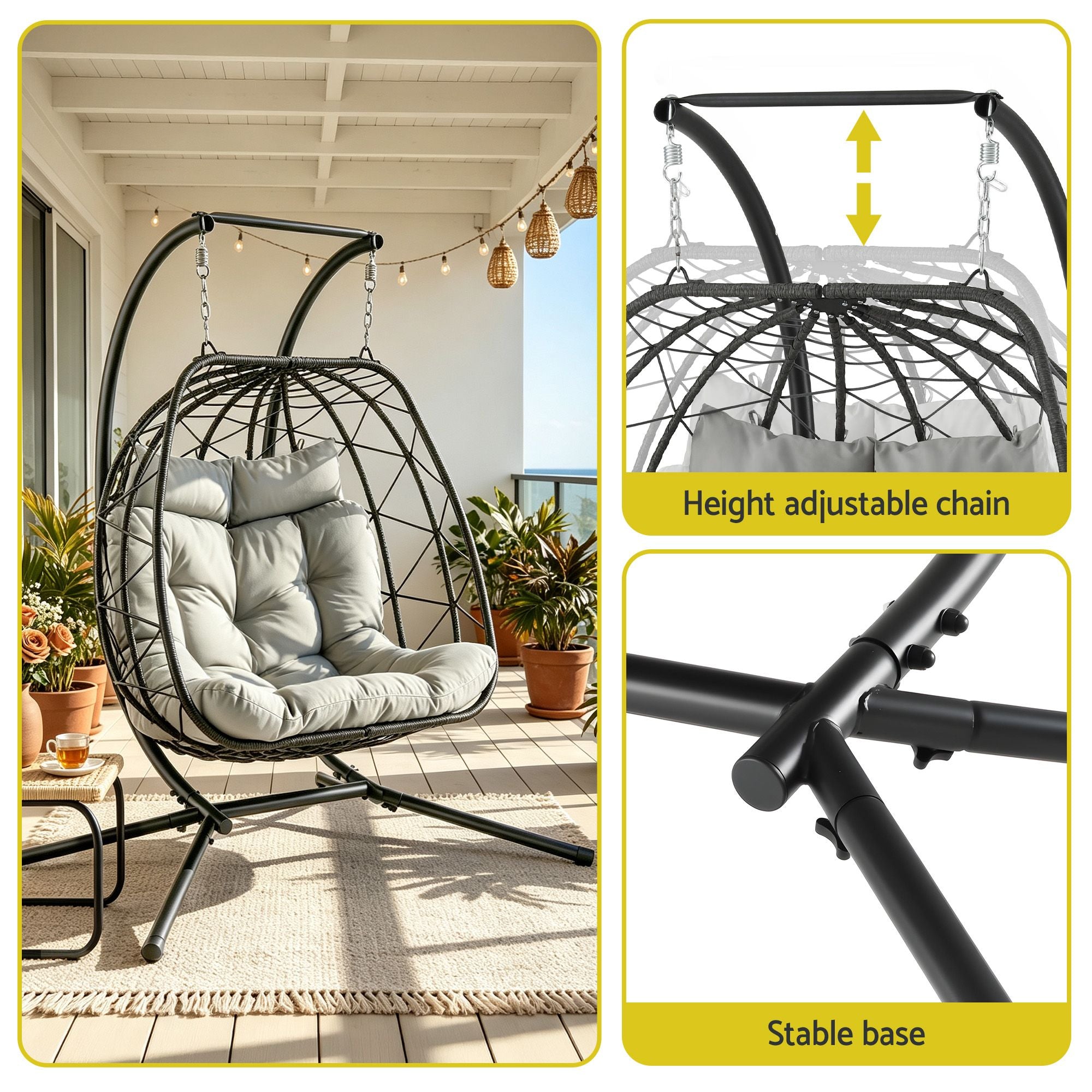 2-Seater Outdoor Swing Chair with Stand and Cushion Rattan Patio Furniture - Dark Grey