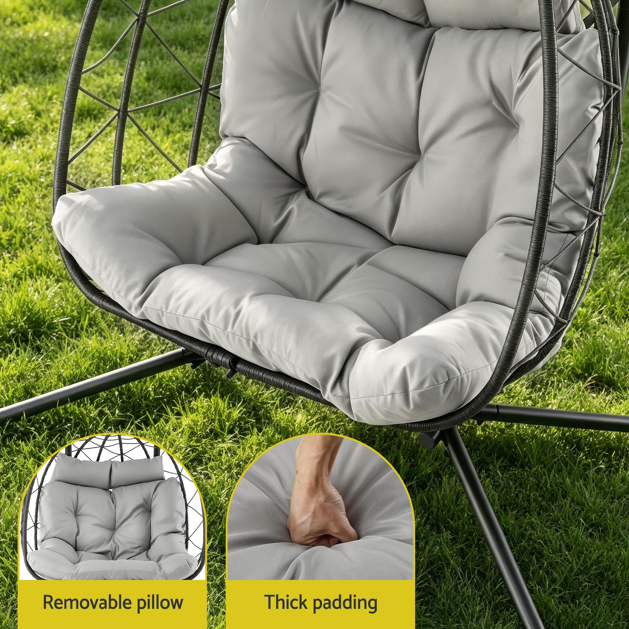 2-Seater Outdoor Swing Chair with Stand and Cushion Rattan Patio Furniture - Dark Grey