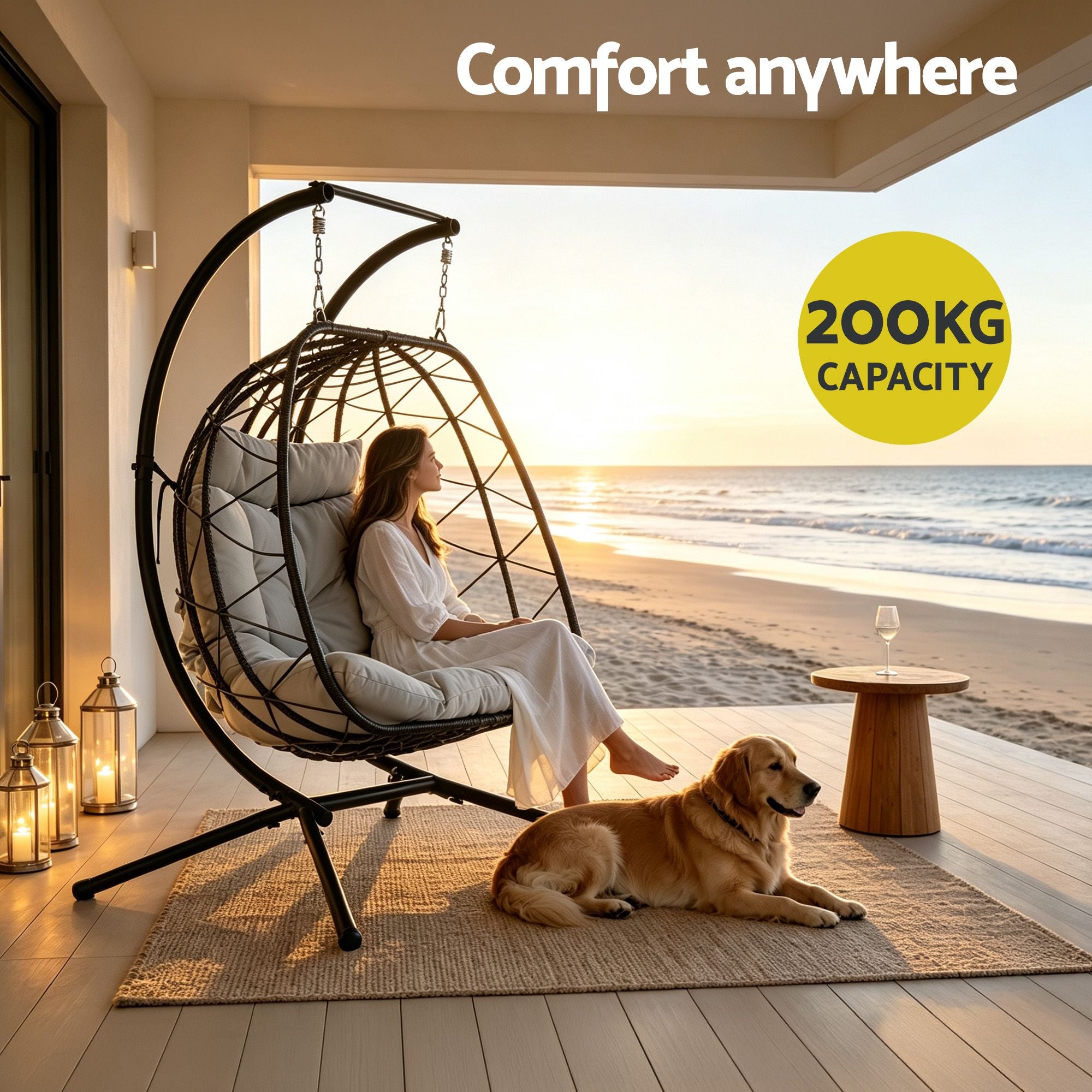 2-Seater Outdoor Swing Chair with Stand and Cushion Rattan Patio Furniture - Dark Grey