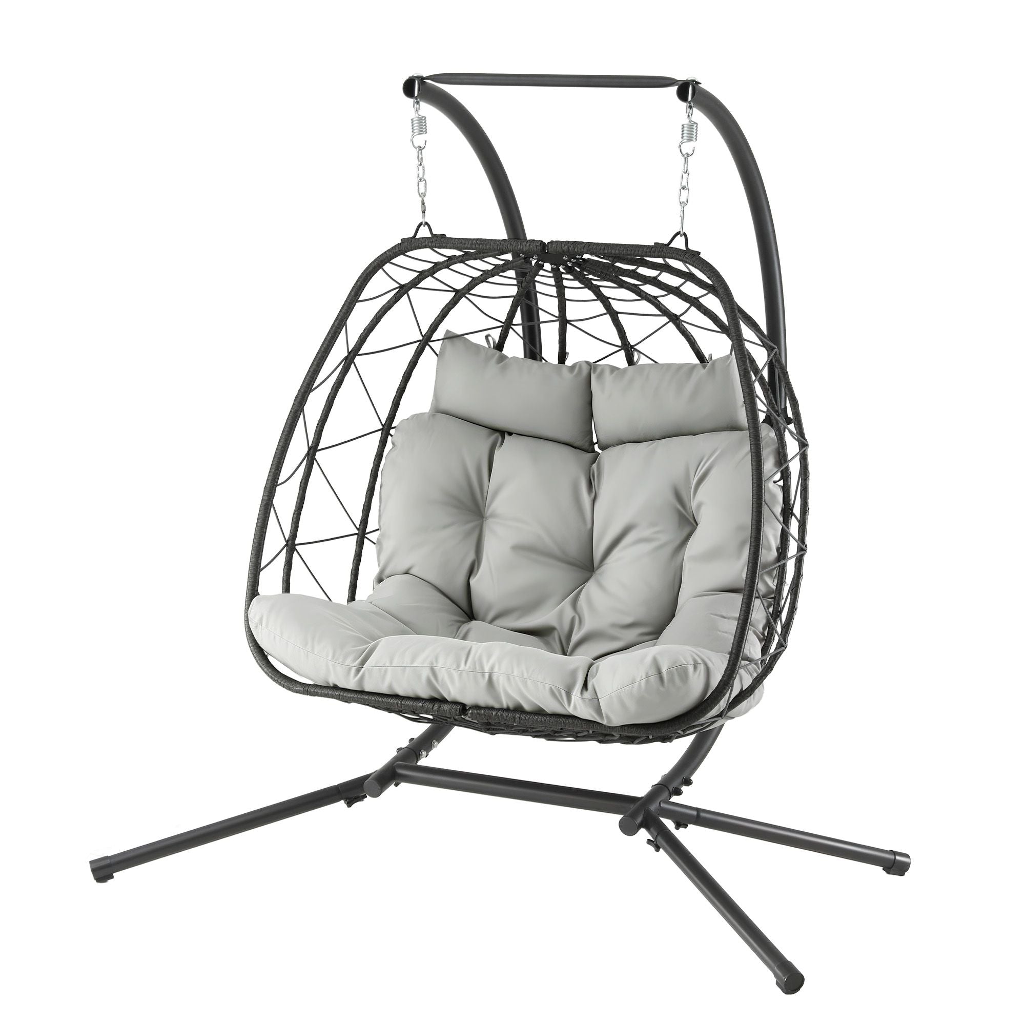 2-Seater Outdoor Swing Chair with Stand and Cushion Rattan Patio Furniture - Dark Grey