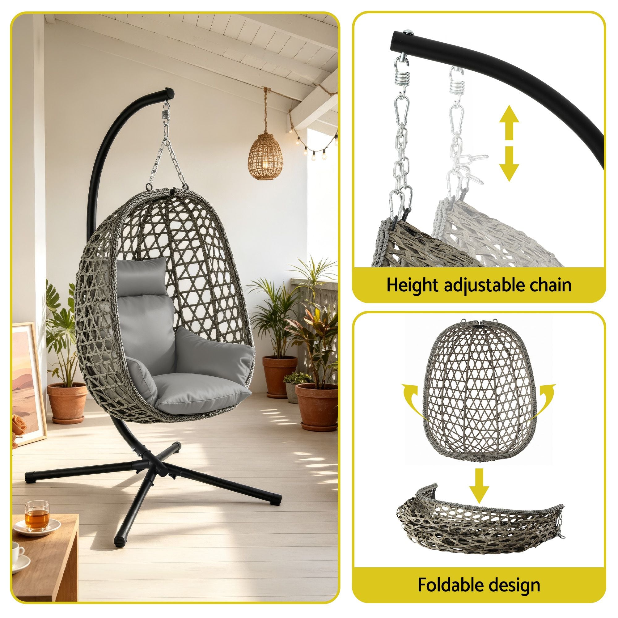 Outdoor Swing Chair with Stand and Cushion Rattan Furniture - Grey