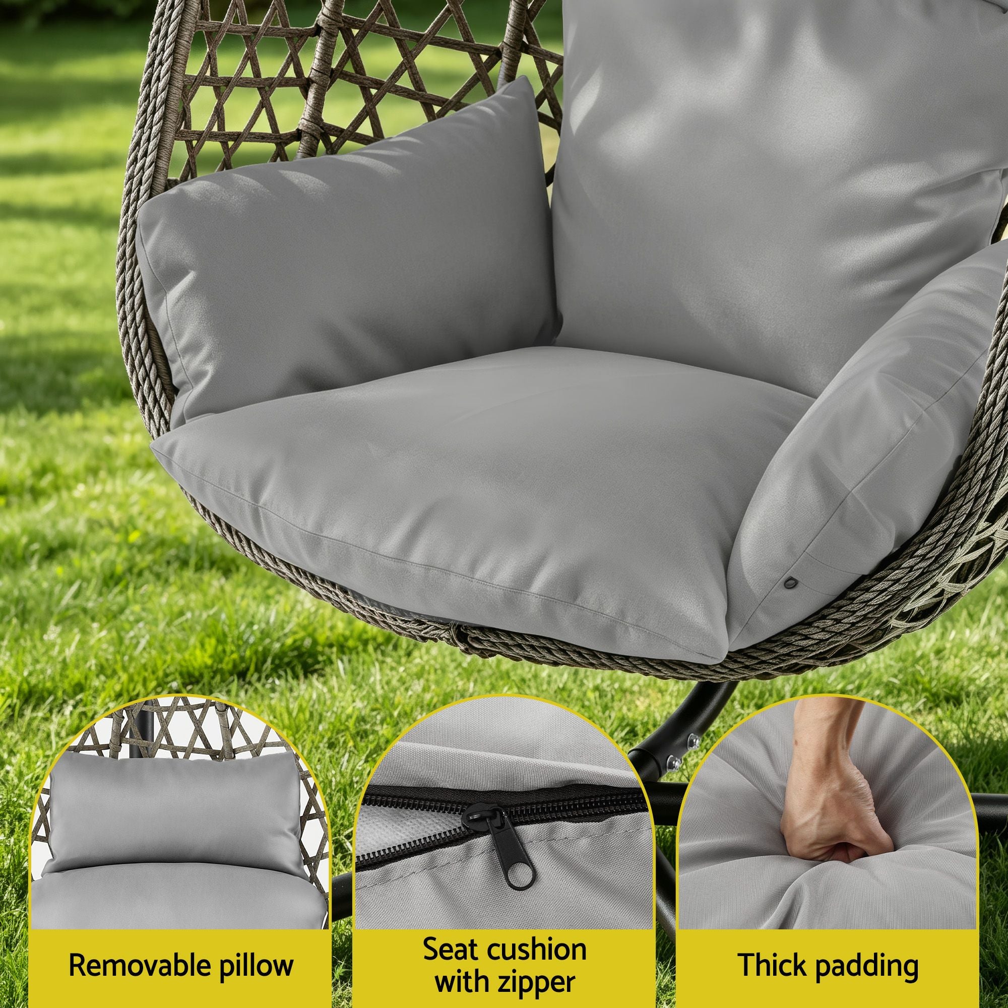 Outdoor Swing Chair with Stand and Cushion Rattan Furniture - Grey