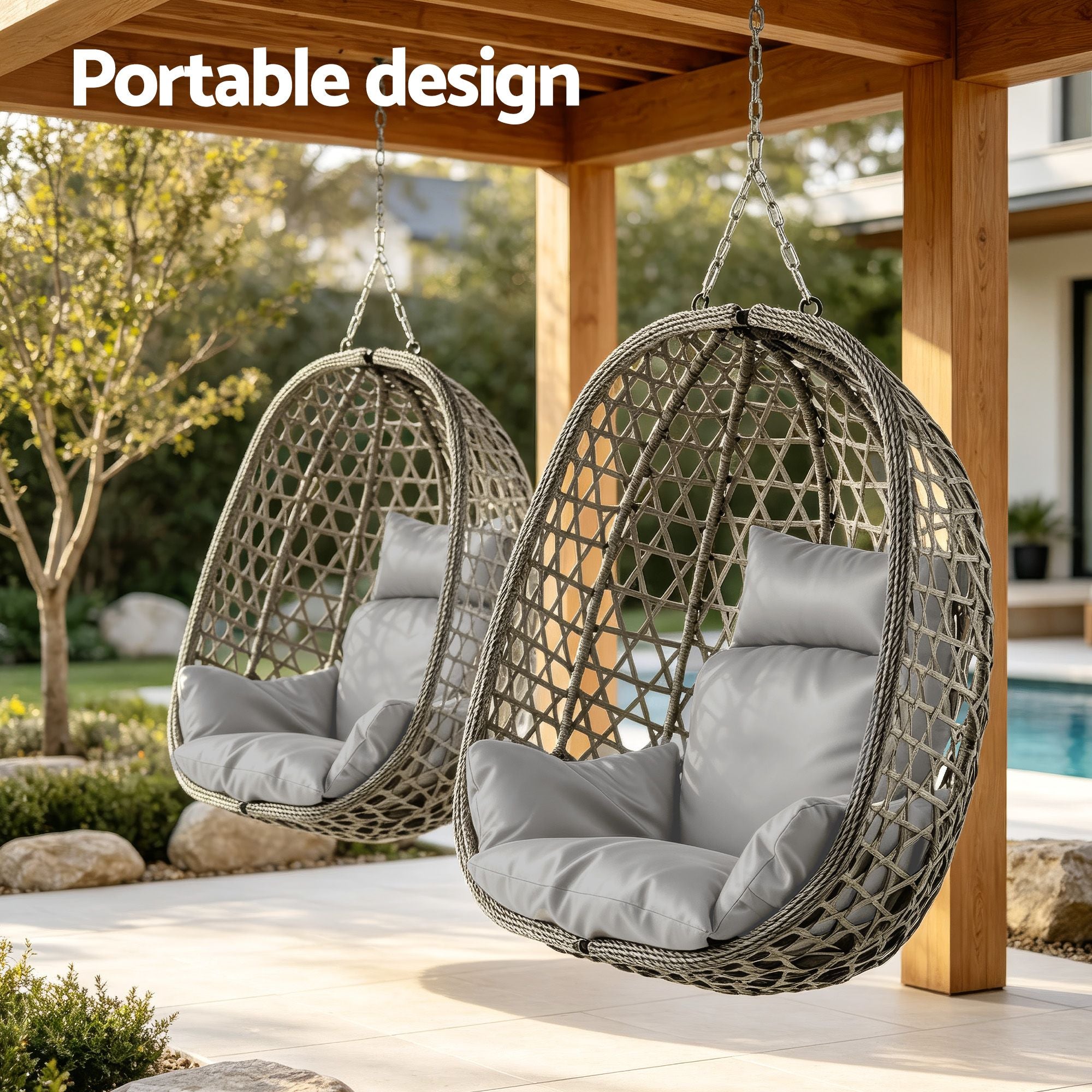 Outdoor Swing Chair with Stand and Cushion Rattan Furniture - Grey