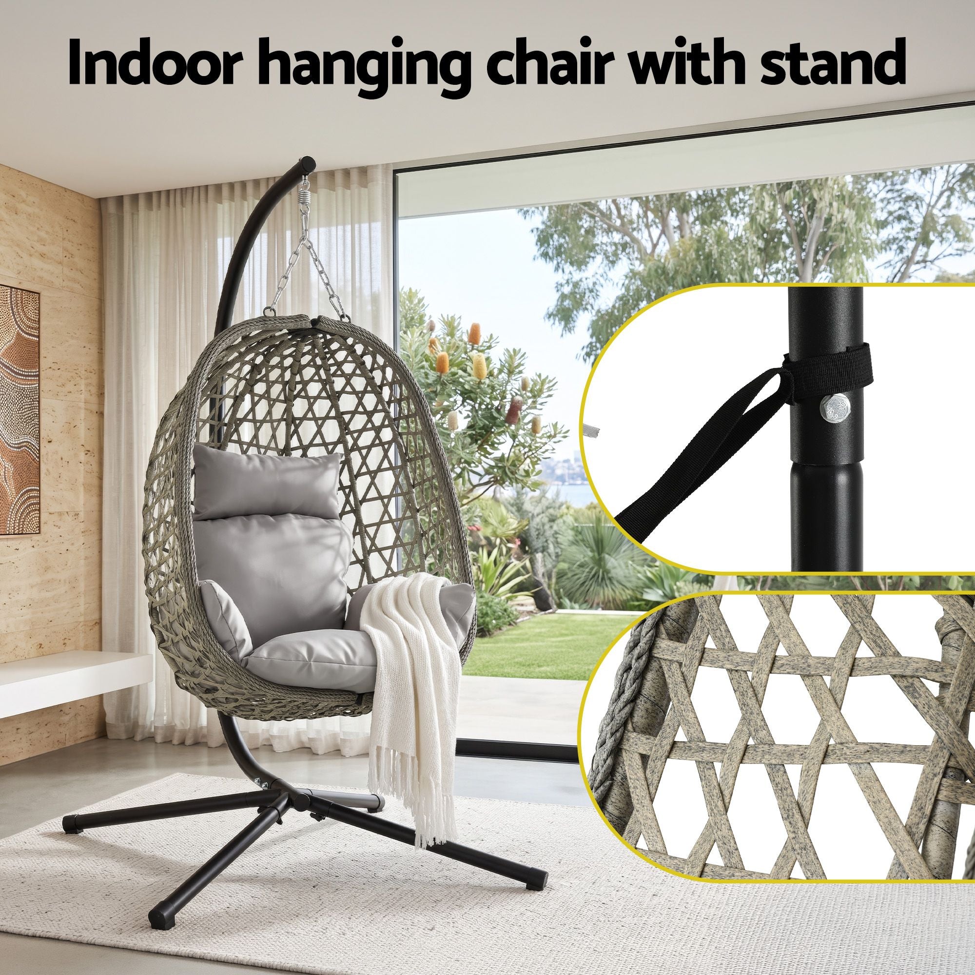 Outdoor Swing Chair with Stand and Cushion Rattan Furniture - Grey
