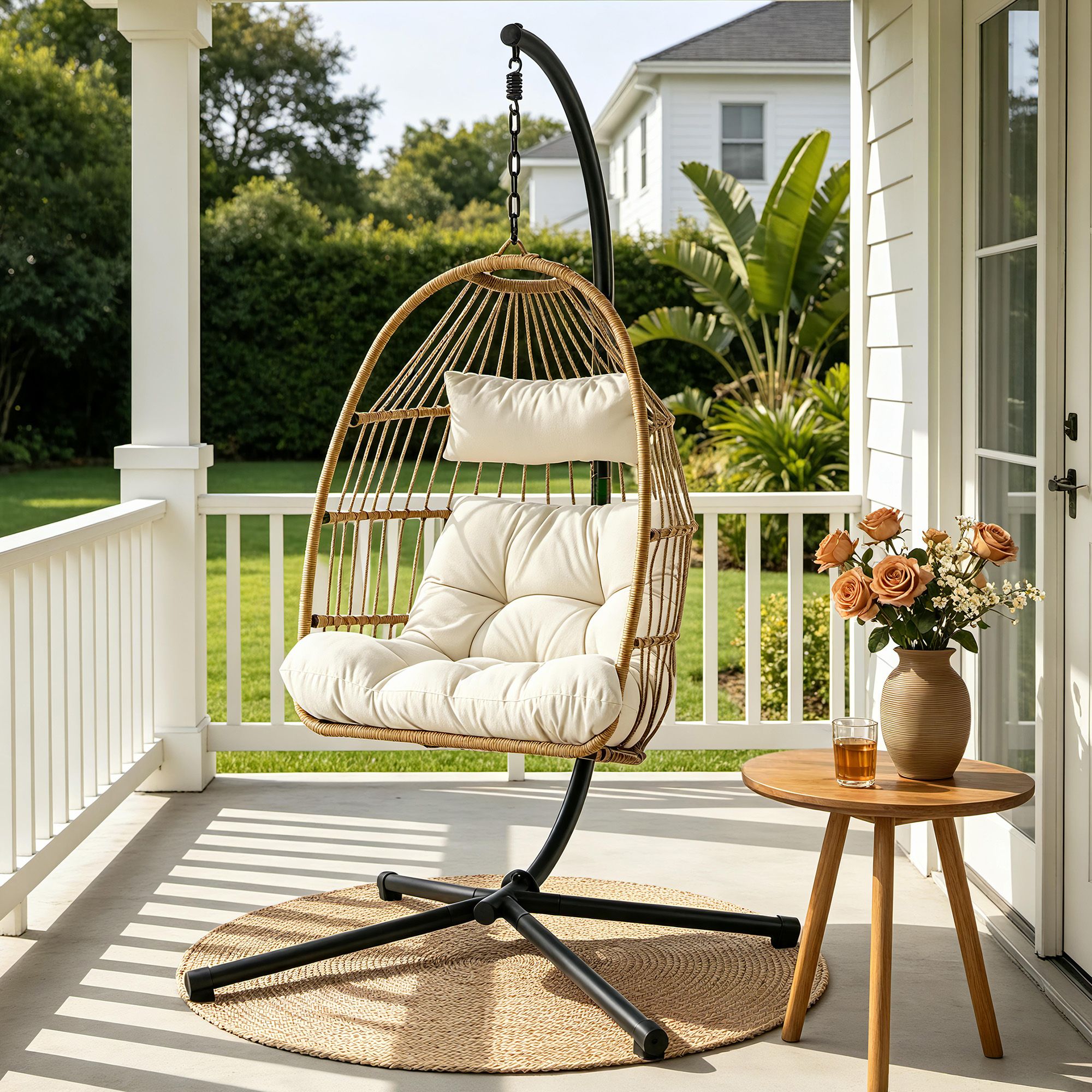 Foldable Outdoor Swing Chair with Stand and Cushion - Latte
