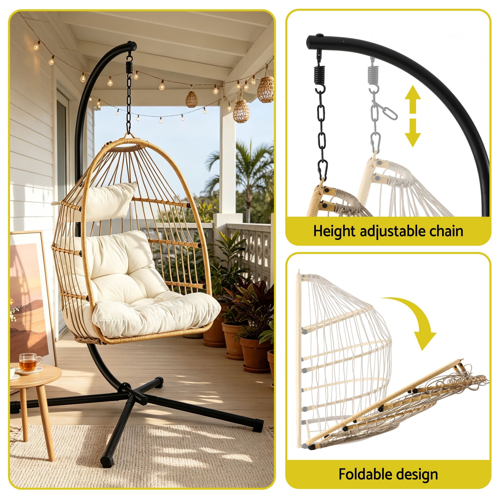 Foldable Outdoor Swing Chair with Stand and Cushion - Latte