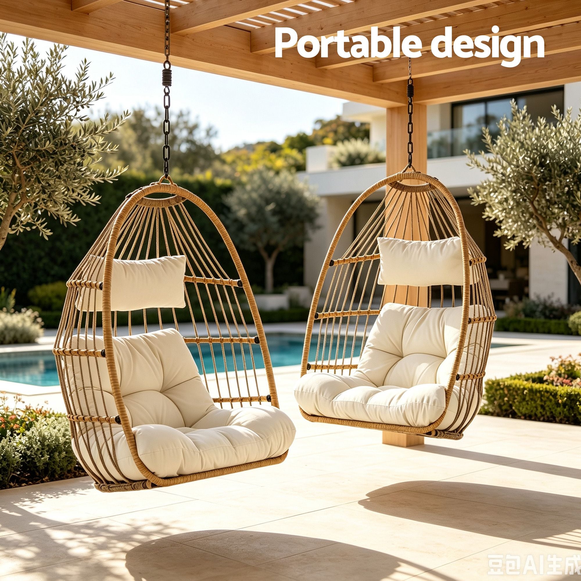 Foldable Outdoor Swing Chair with Stand and Cushion - Latte