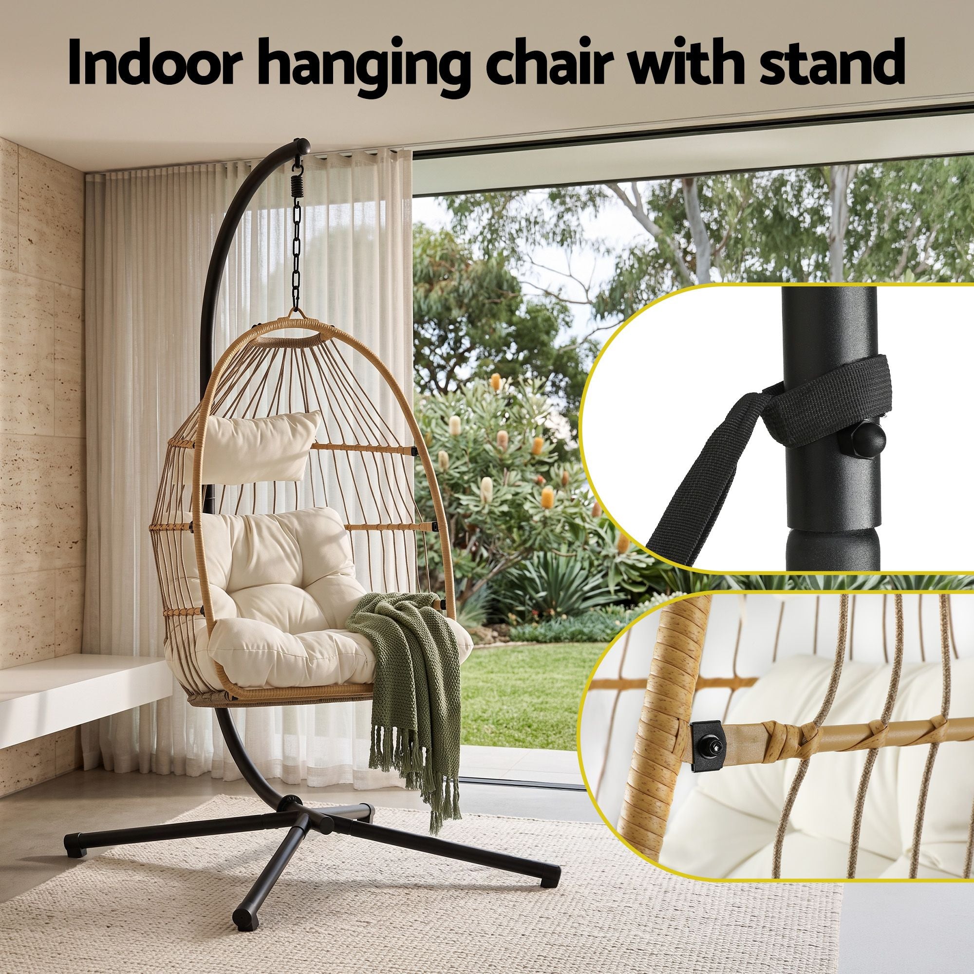 Foldable Outdoor Swing Chair with Stand and Cushion - Latte