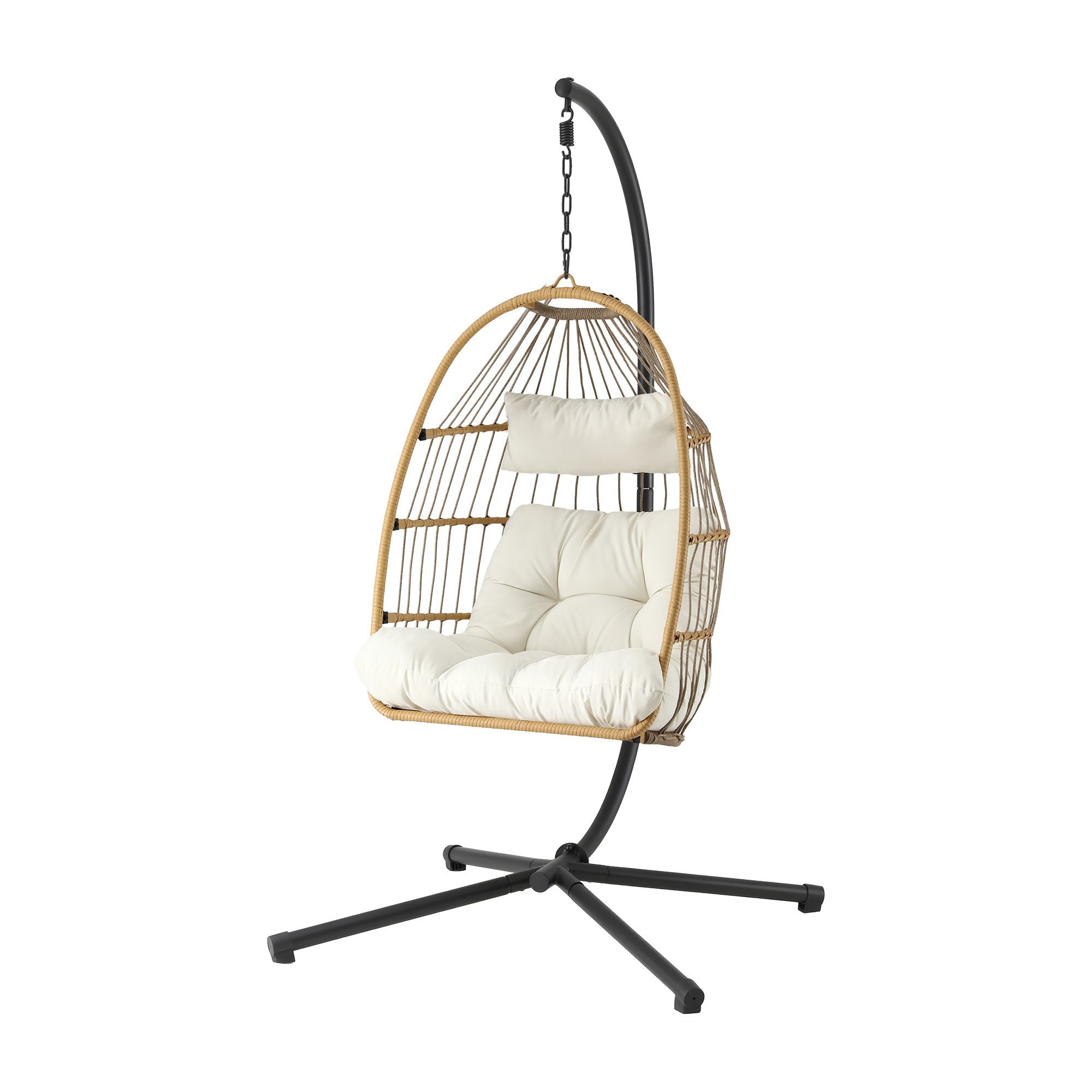 Foldable Outdoor Swing Chair with Stand and Cushion - Latte