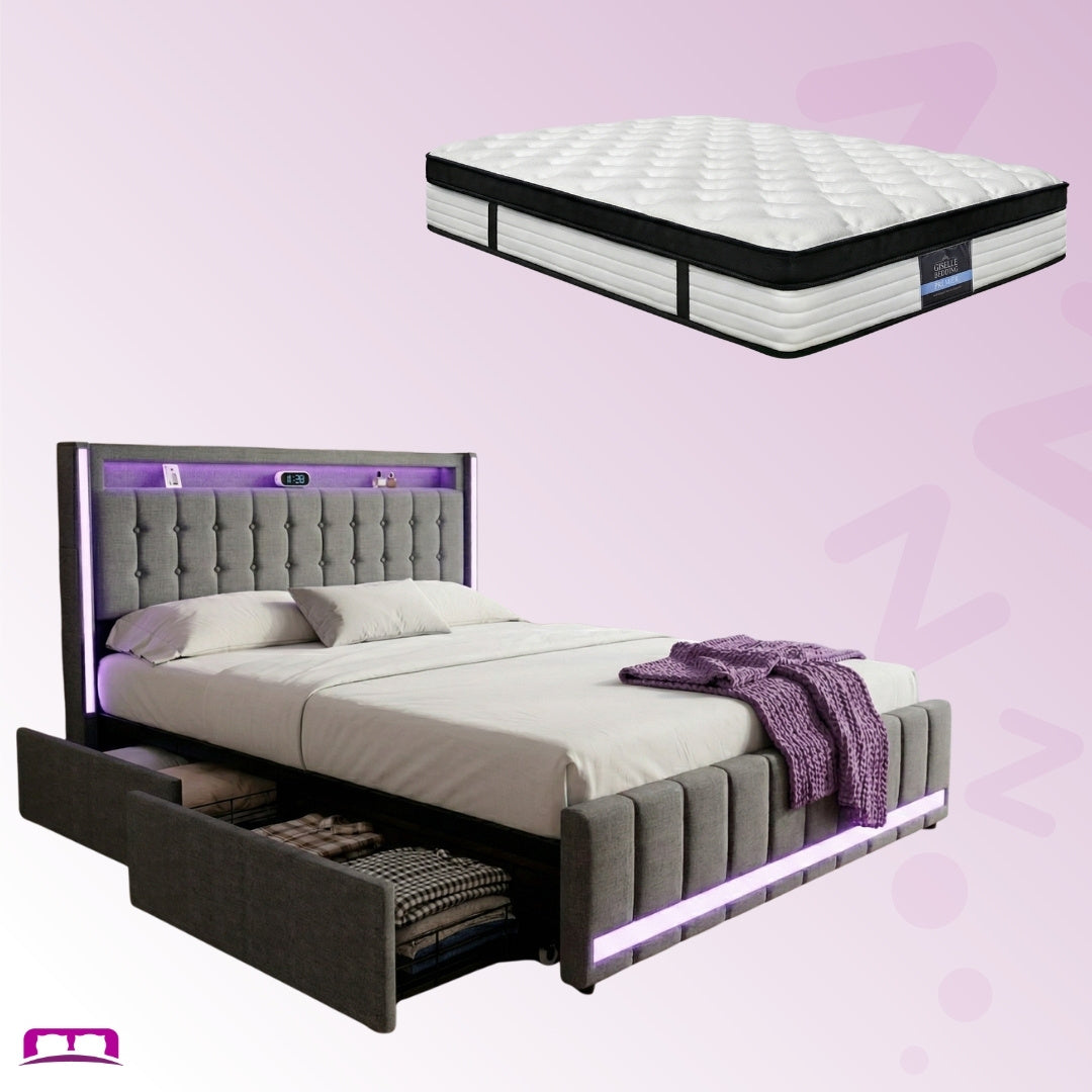 Queen Package | Harrison LED Smart Storage Bed Frame Grey & Serenity Euro Top Mattress (Medium Firm)