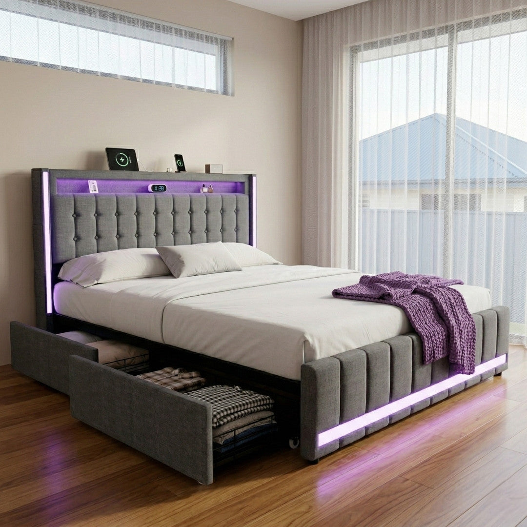 Harrison Queen LED Smart Storage Bed Frame - Grey-1